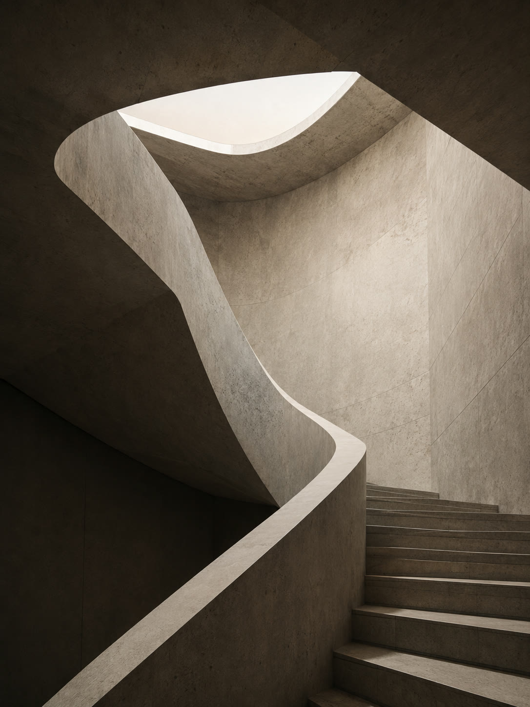 Escalera o vacío interior de piedra y concreto contemporáneo, luz de lucernario — vertical
