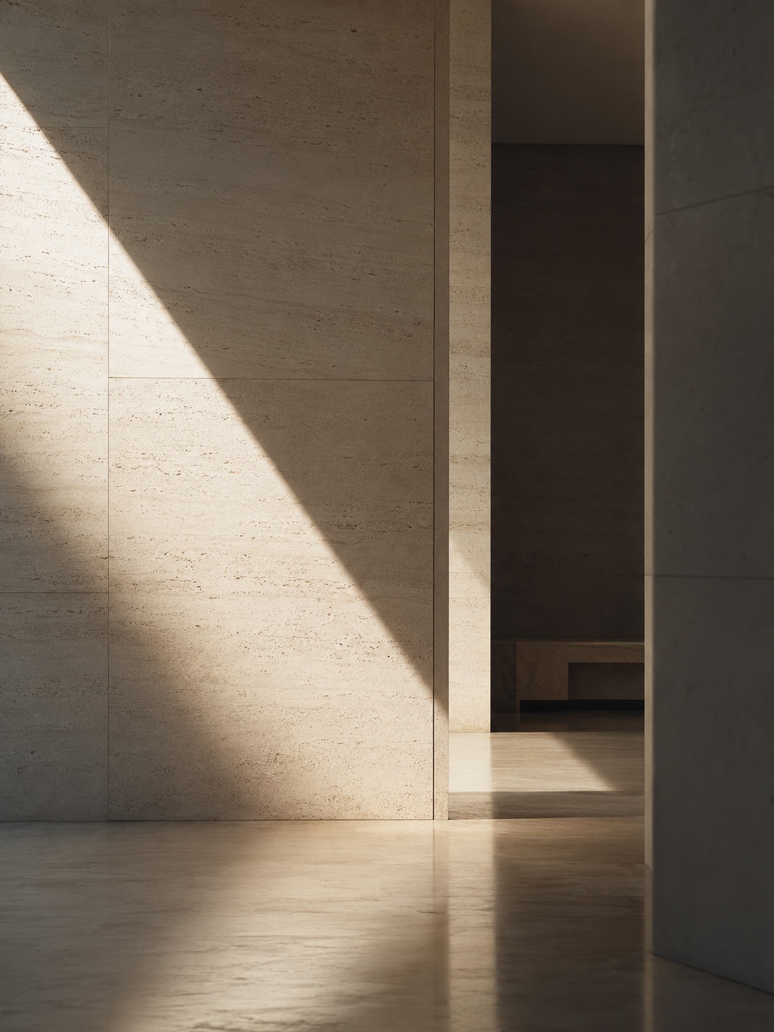 Arquitectura contemporánea: piedra, vidrio o luz sobre superficie neutra — vertical
